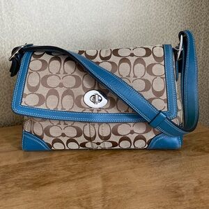 Coach Monogram & Teal Leather Trim Shoulder Bag